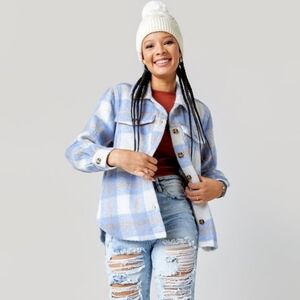 New Francesca's Belle Blue Plaid Button Down Shacket Medium